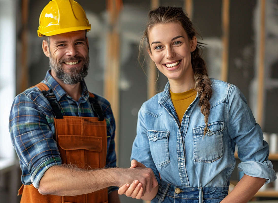 contractor shaking hands with smiling woman